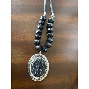 Black Beaded Necklace with Large Oval Silver Pendant and‎ Extender Chain